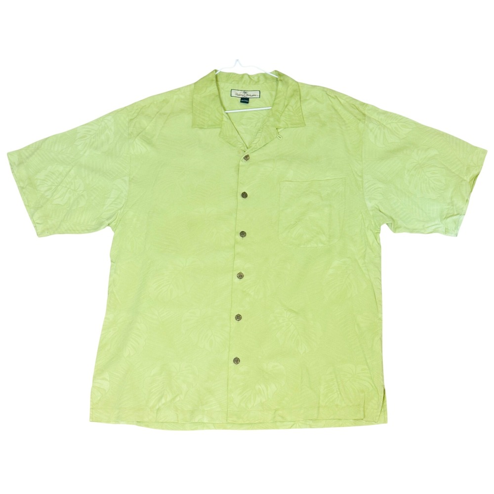 Tommy Bahama 100% Silk Camp Shirt Tropical Leaf Jacquard Lime Green Mens Large